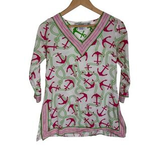Gretchen Scott Designs Womens XS Cotton Nautical Anchor Tunic Pink Green V-Neck